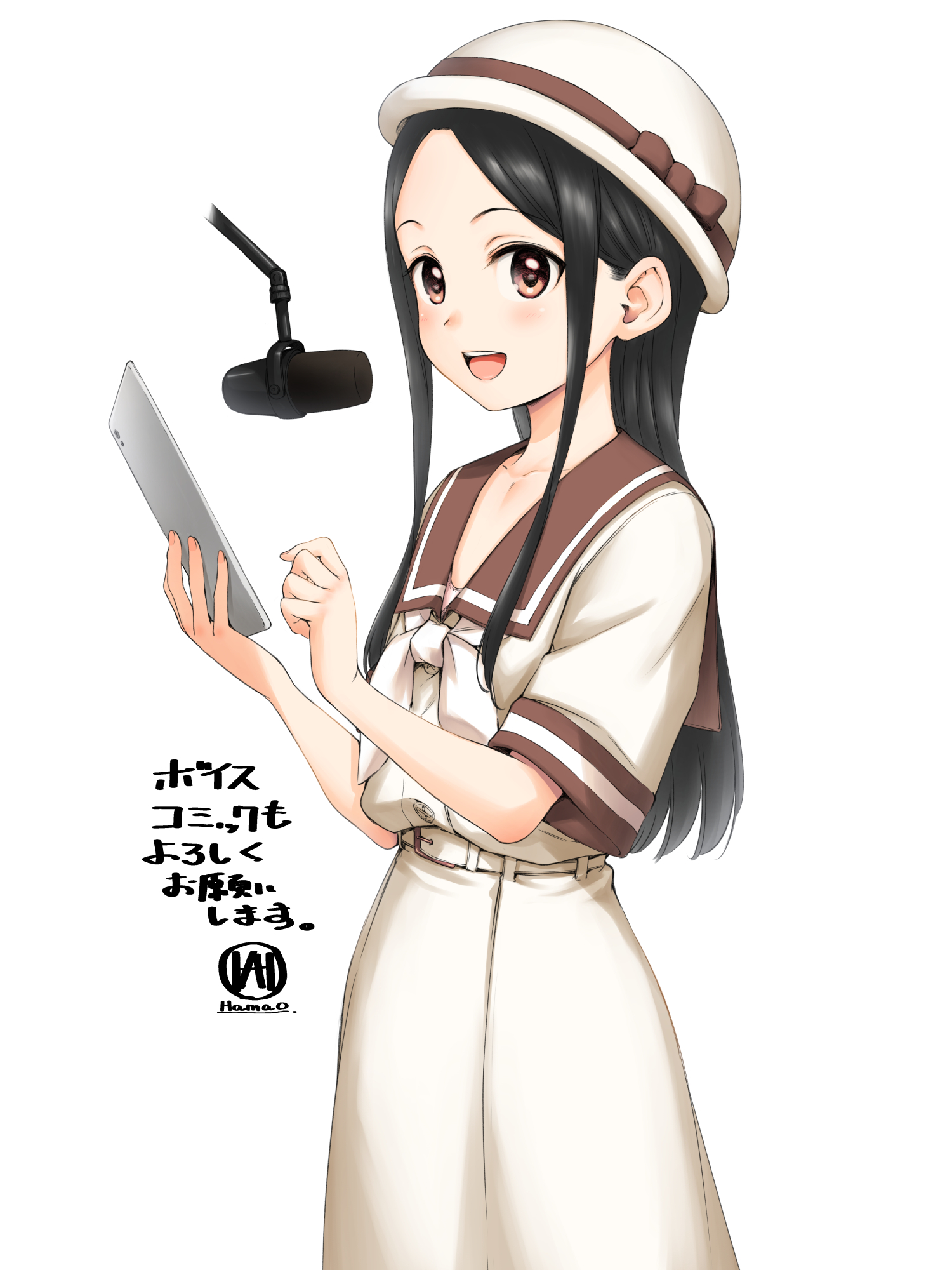 hamao, original, commentary request, highres, 1girl, black hair, blush, brown eyes, dress, flat chest, hat, long hair, microphone, open mouth, parted bangs, recording audio, sailor dress, smile, solo, tablet pc