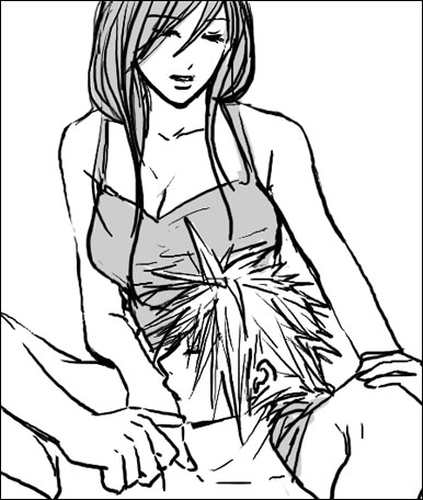 cloud strife, tifa lockhart, final fantasy, final fantasy vii, lowres, 1990s (style), closed eyes, greyscale, lap pillow, monochrome, sleeping