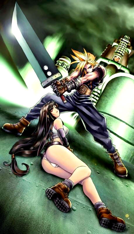 tanaka takayuki, cloud strife, tifa lockhart, final fantasy, final fantasy vii, jpeg artifacts, upskirt