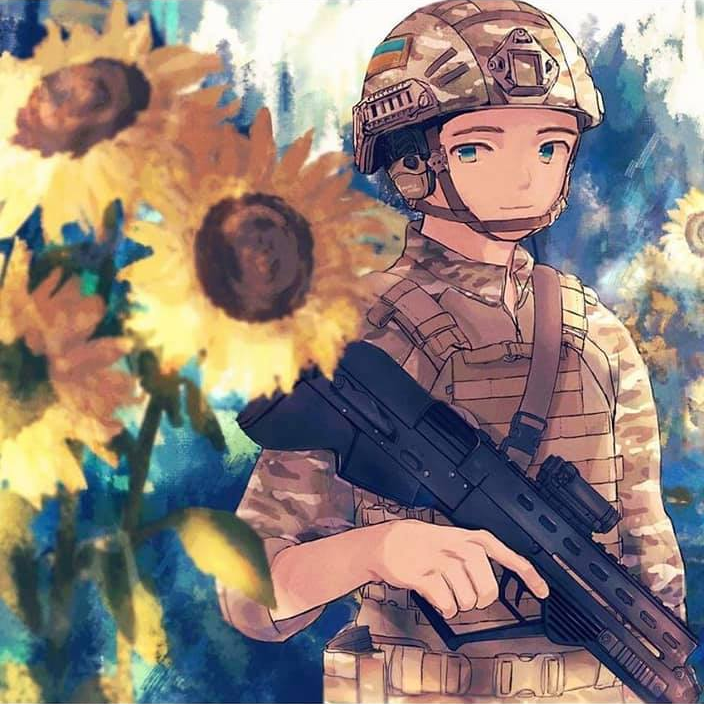 kikurina, original, second-party source, 1boy, abstract background, bulletproof vest, bullpup, camouflage, camouflage headwear, camouflage jacket, combat helmet, ear protection, field, flower, flower field, green eyes, gun, helmet, holding, holding gun, holding weapon, jacket, looking at viewer, male focus, malyuk, military combat uniform, military uniform, russo-ukrainian war, soldier, sunflower, sunflower field, trigger discipline, ukraine, ukrainian flag, weapon