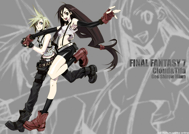cloud strife, tifa lockhart, final fantasy, final fantasy vii, 1990s (style), holding hands, running