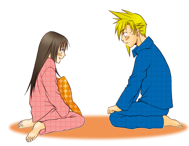 cloud strife, tifa lockhart, final fantasy, final fantasy vii, 1990s (style), alternate costume, blush, pajamas, pillow