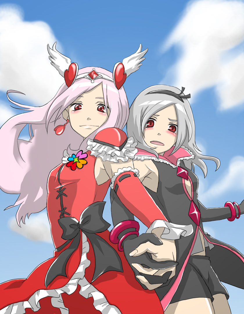 cure passion, eas (fresh precure!), higashi setsuna, fresh precure!, macross, macross frontier, precure, 2girls, black shorts, bow, dual persona, hair ornament, heart, heart hair ornament, holding hands, lion (macross frontier), magical girl, multiple girls, parody, shorts, waist bow