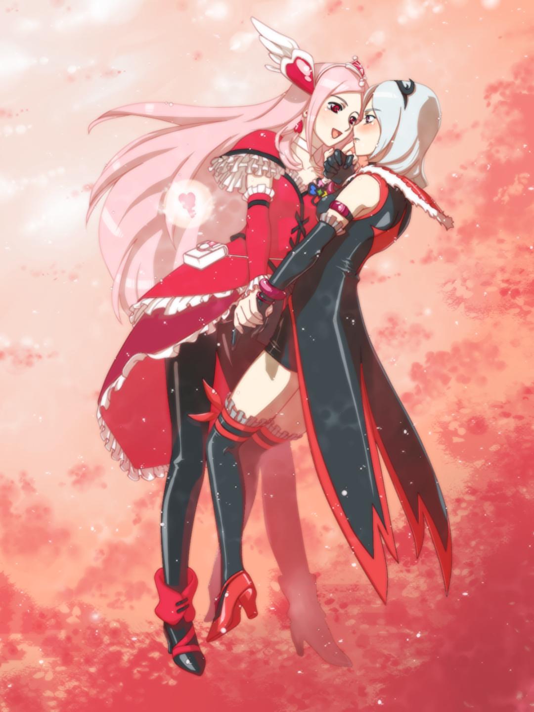 cure passion, eas (fresh precure!), higashi setsuna, fresh precure!, precure, black legwear, highres, 00s, 2girls, bike shorts, black gloves, choker, dual persona, earrings, frills, gathers, gloves, hair ornament, heart, heart hair ornament, high heels, holding hands, jewelry, light particles, long hair, magical girl, multiple girls, pantyhose, pink hair, red eyes, selfcest, shoes, short hair, thighhighs, white choker, white hair, yuri