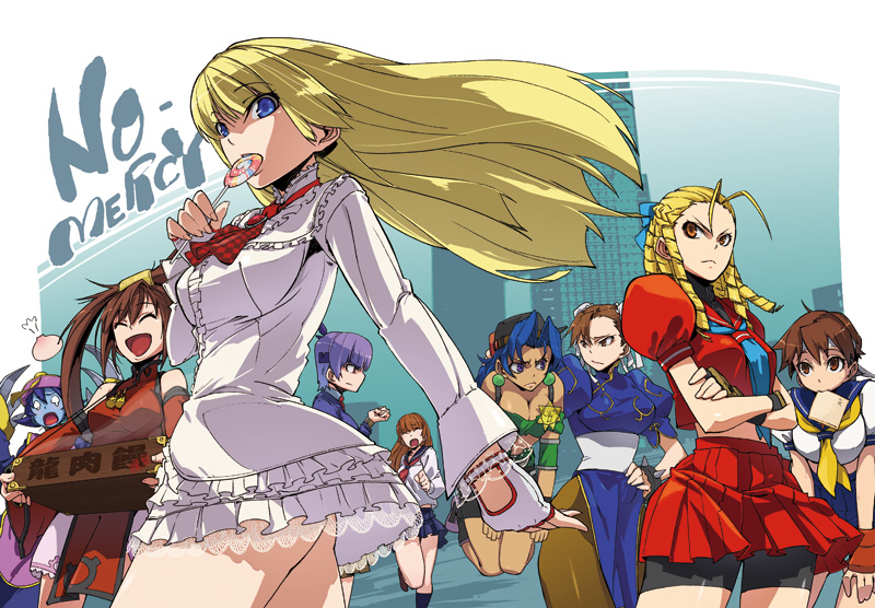 gun zi (i&eyes), ayane (doa), chun-li, emilie de rochefort, hsien-ko, kanzuki karin, kasugano sakura, kasumi (doa), kuradoberi jam, tracy (toushinden), arc system works, capcom, darkstalkers, dead or alive, guilty gear, street fighter, street fighter zero (series), tecmo, tekken, toushinden, 1990s (style), 6+girls, antenna hair, bare shoulders, bike shorts, blonde hair, blue eyes, blue hair, blue sailor collar, blue skin, bow, bracelet, bread slice, breasts, brown eyes, brown hair, bun cover, china dress, chinese clothes, claws, colored skin, crossover, detached sleeves, double bun, dress, drill hair, earrings, fingerless gloves, food, food in mouth, frills, glaring, gloves, hair bun, hair ornament, hat, headband, jewelry, jiangshi, long hair, medium breasts, midriff, mouth hold, multiple crossover, multiple girls, pantyhose, pelvic curtain, purple hair, retro artstyle, ringlets, sailor collar, school uniform, serafuku, short hair, shorts, shorts under skirt, skirt, smile, spiked bracelet, spikes, toast, toast in mouth, very long hair, white skirt