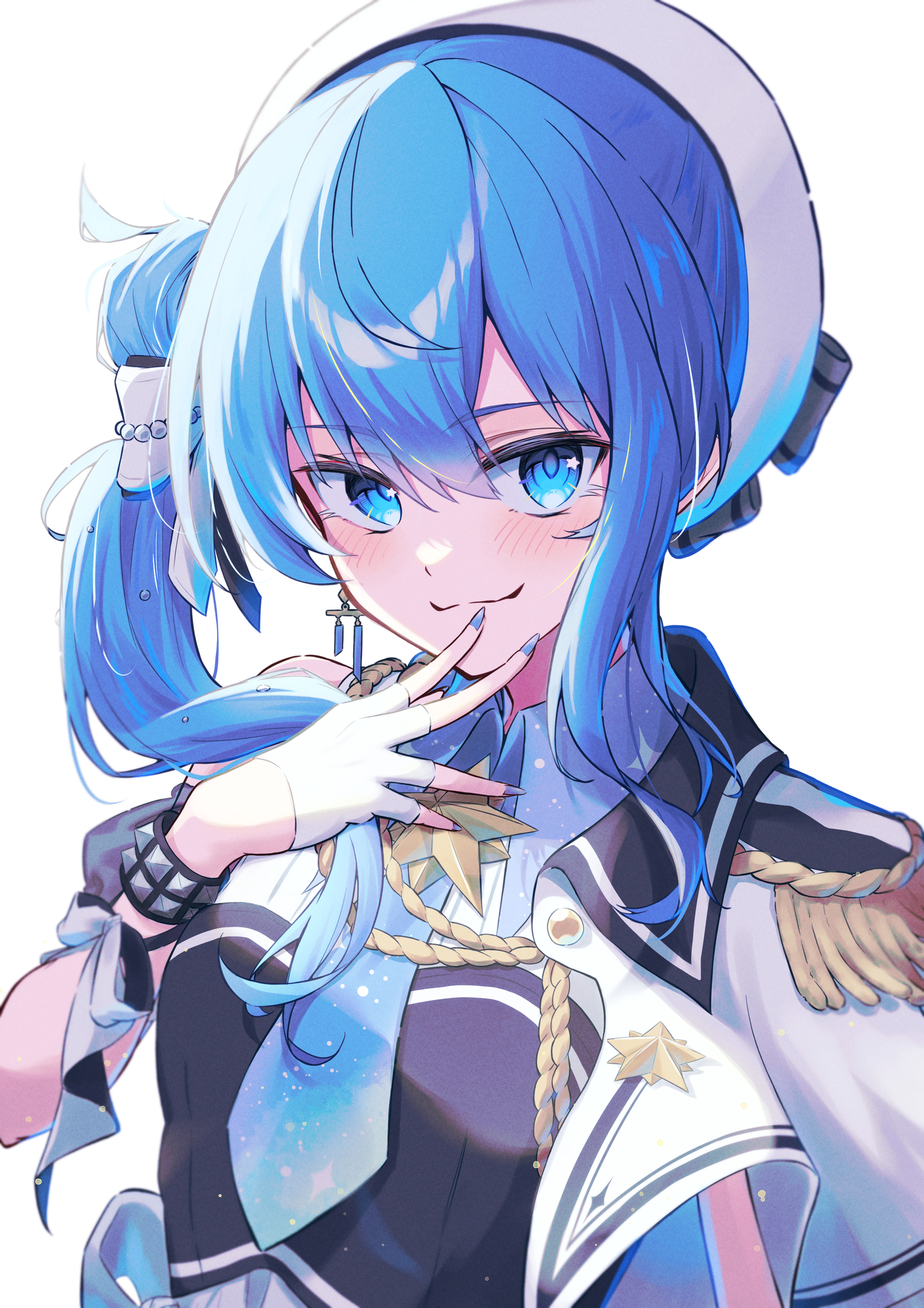 kamkampan, hoshimachi suisei, hoshimachi suisei (supernova), hololive, commentary request, highres, 1girl, beret, blue eyes, blue hair, blue nails, blue necktie, blue shirt, bow, breasts, brooch, closed mouth, collared shirt, detached sleeves, epaulettes, fingerless gloves, gloves, hair between eyes, hat, idol clothes, jewelry, long hair, looking at viewer, medium breasts, necktie, official alternate costume, official alternate hairstyle, pleated skirt, puffy detached sleeves, puffy sleeves, shirt, side cape, side ponytail, simple background, single epaulette, skirt, solo, star (symbol), star in eye, symbol in eye, upper body, virtual youtuber, white background, white bow, white gloves, white hat, white skirt