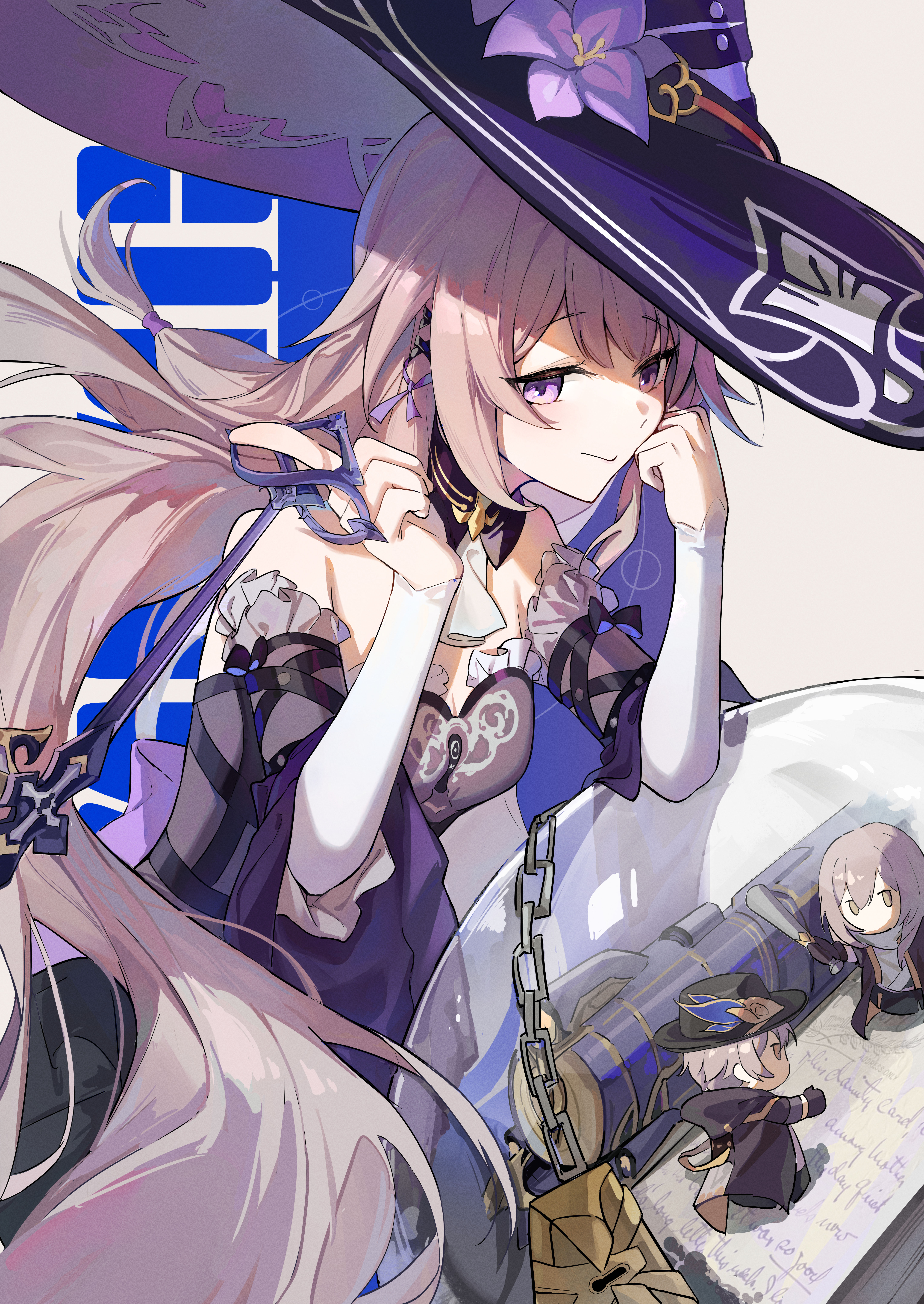 szi f, caelus (honkai: star rail), herta (honkai: star rail), stelle (honkai: star rail), the herta (honkai: star rail), trailblazer (honkai: star rail), honkai: star rail, honkai (series), absurdres, chinese commentary, commentary request, highres, 1girl, astral express (honkai: star rail), bare shoulders, breasts, brown hair, chain, closed mouth, detached sleeves, dress, flower, hair ribbon, hands up, hat, hat flower, holding, holding key, key, long hair, looking at viewer, medium breasts, orb, purple dress, purple eyes, purple flower, purple hat, purple ribbon, ribbon, solo