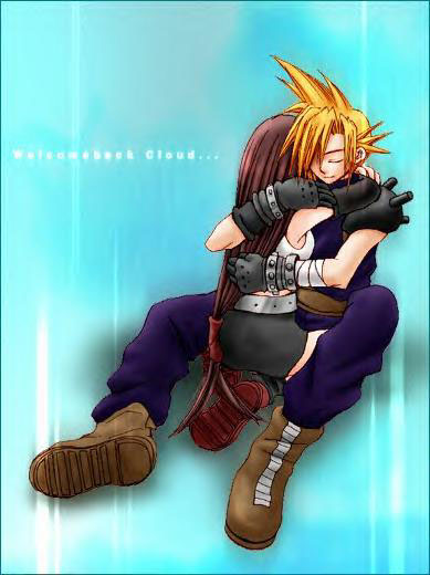 cloud strife, tifa lockhart, final fantasy, final fantasy vii, 1990s (style), blue theme, hug, retro artstyle, simple background