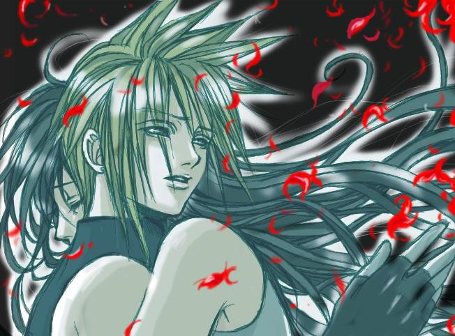 garakuta (chika), cloud strife, tifa lockhart, final fantasy, final fantasy vii, square enix, 1990s (style), black background, closed eyes, hug, retro artstyle, simple background