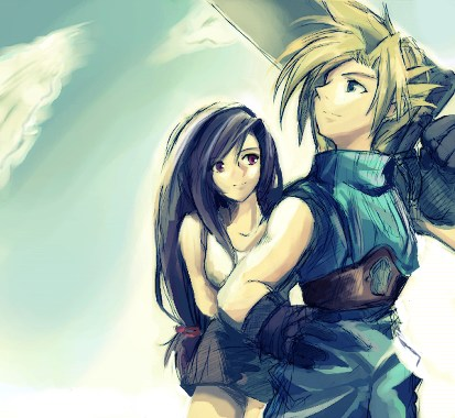 cloud strife, tifa lockhart, final fantasy, final fantasy vii, lowres, 1990s (style), cloud, hug, sky