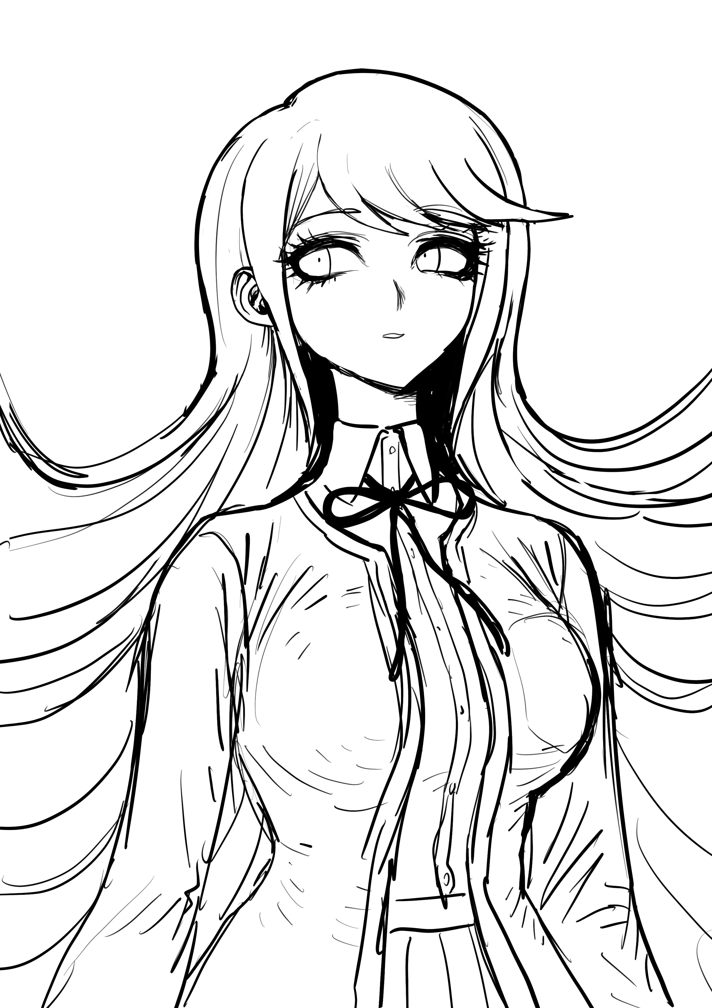 uranagi (uranaginasi), otonashi ryouko, danganronpa, danganronpa/zero, danganronpa (series), absurdres, commentary request, highres, 1girl, breasts, collared shirt, dress shirt, greyscale, jacket, large breasts, long hair, long sleeves, monochrome, neck ribbon, open clothes, open jacket, pleated skirt, ribbon, shirt, skirt, solo