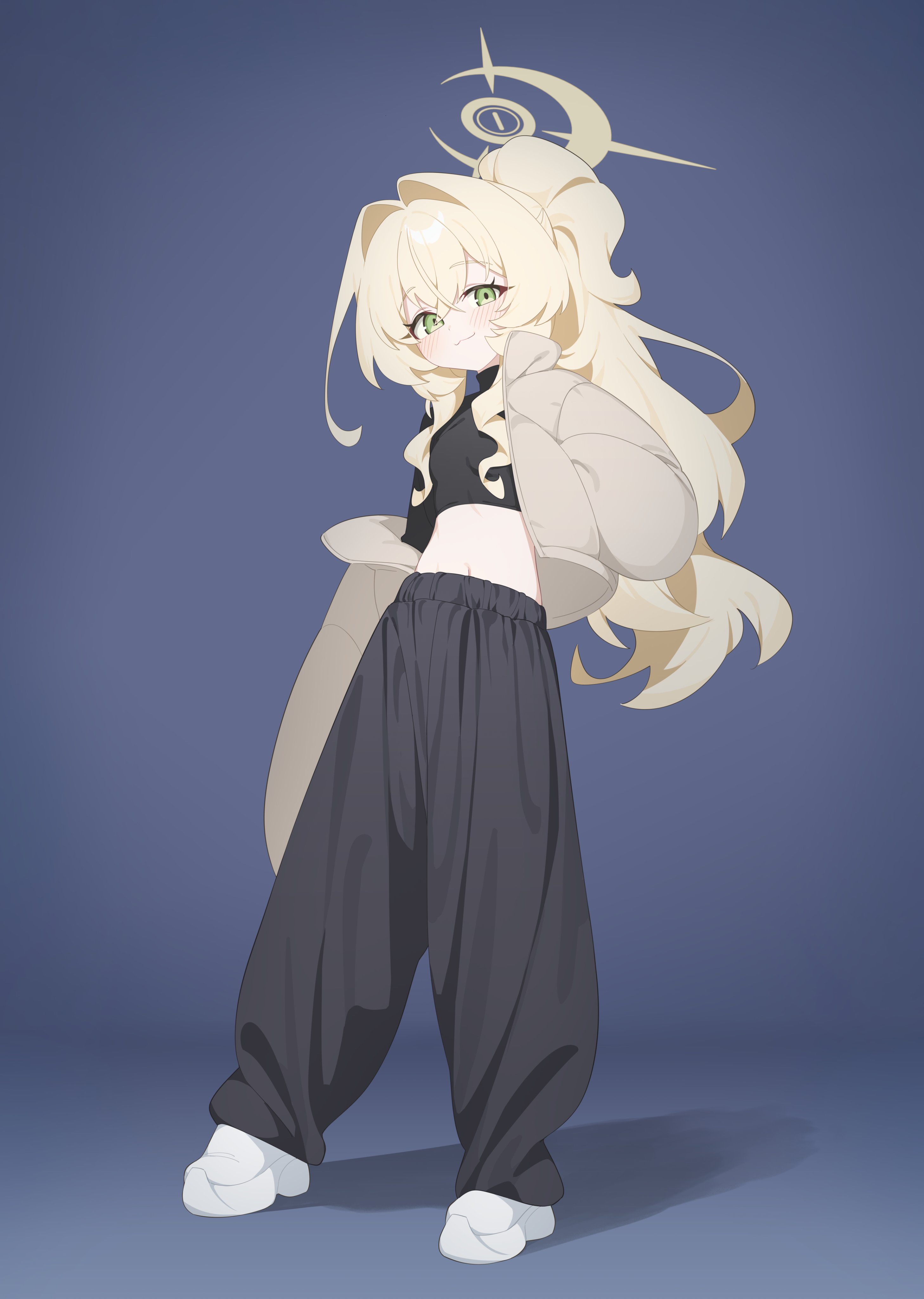 honi (honi1010), professor niyaniya (blue archive), blue archive, fluffy hair, absurdres, commentary, highres, symbol-only commentary, 1girl, :3, alternate costume, black pants, black shirt, blonde hair, blue background, blush, cropped shirt, down jacket, green eyes, hair intakes, halo, hand in pocket, high ponytail, jacket, jacket partially removed, long hair, looking at viewer, navel, open clothes, open jacket, pants, ponytail, shirt, shoes, simple background, smile, solo, sweatpants, turtleneck, turtleneck shirt, white shoes, yellow halo, yellow jacket