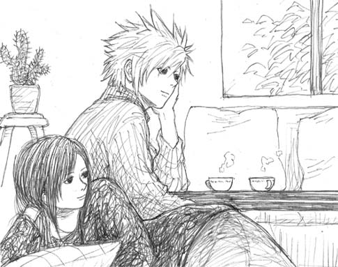 cloud strife, tifa lockhart, final fantasy, final fantasy vii, lowres, 1990s (style), alternate costume, cactus, coffee, couch, cup, disposable cup, laskull, pillow, retro artstyle, sweater, window