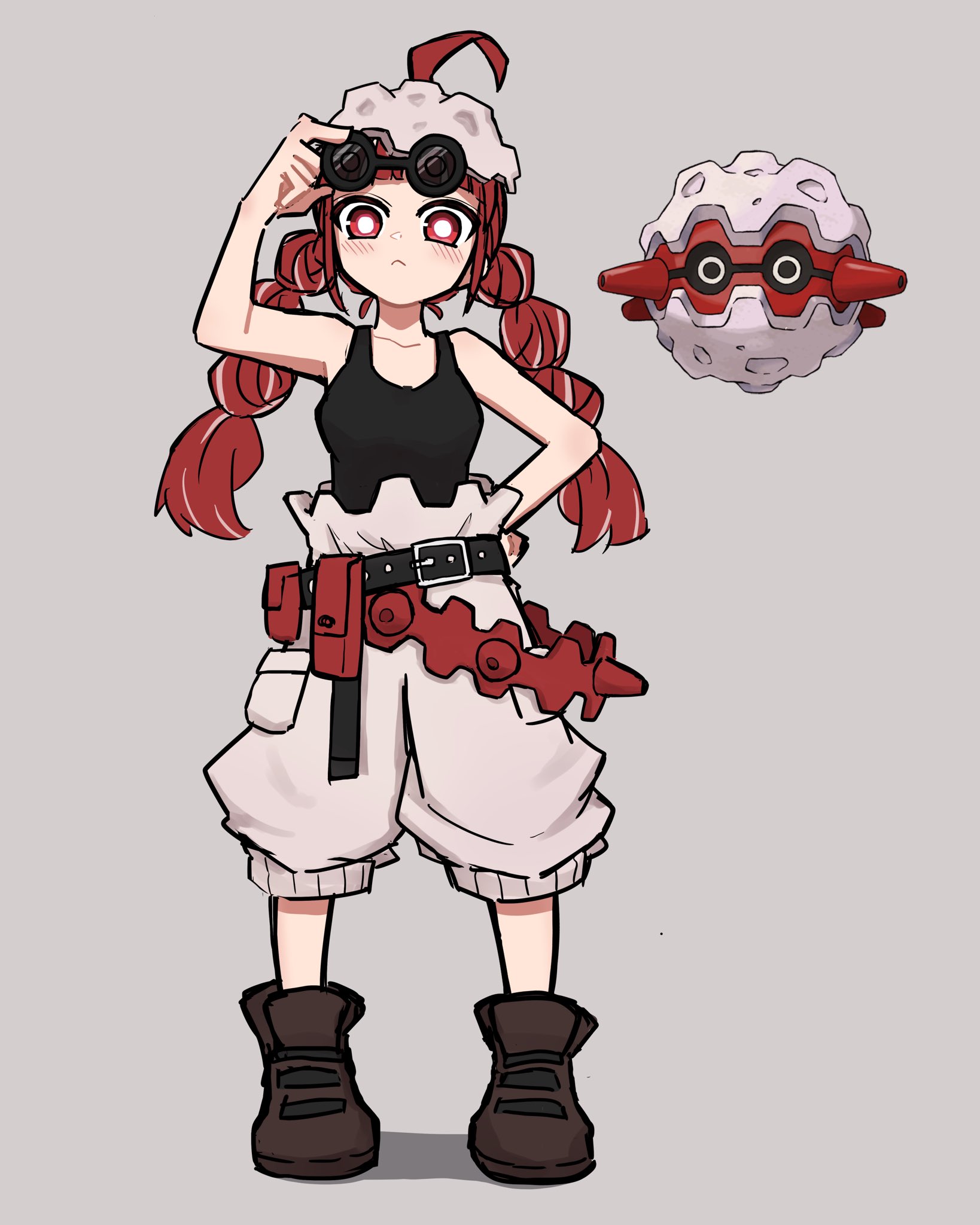 forretress, nintendo, pokemon, commentary, highres, 1girl, ahoge, arm up, belt, black tank top, blush, boots, breasts, bright pupils, brown boots, closed mouth, collarbone, frown, full body, gen 2 pokemon, grey background, kishiton, lone nape hair, looking at viewer, medium breasts, multi-tied hair, official art inset, pants, personification, red eyes, red hair, reference inset, simple background, solo, standing, tank top, twintails, utility belt, white pants, white pupils