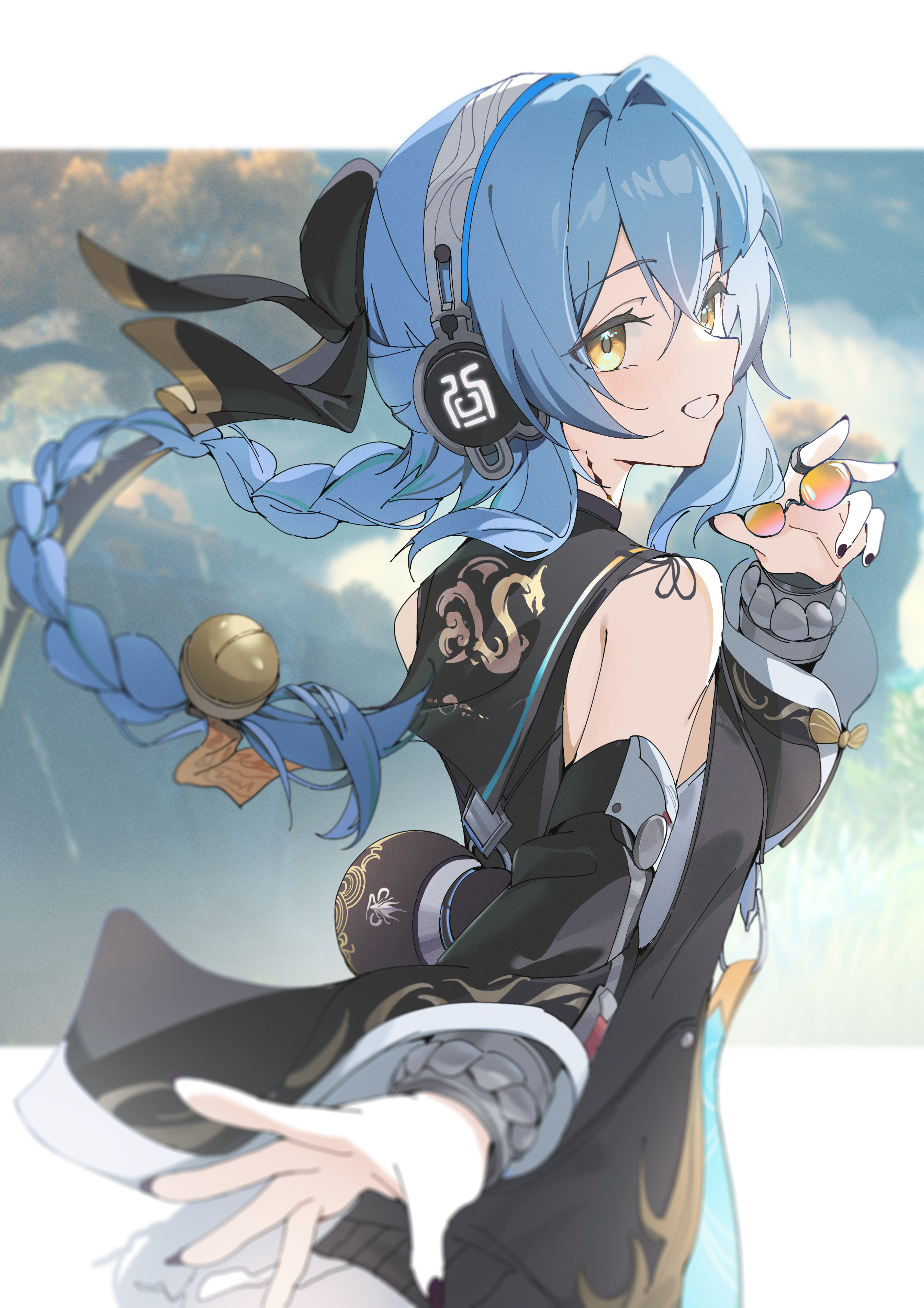 szi f, buling (wuthering waves), wuthering waves, absurdres, chinese commentary, commentary request, highres, 1girl, bare shoulders, black jacket, black nails, blue hair, braid, breasts, detached sleeves, fingernails, from side, glasses, hair intakes, headphones, holding, holding removed eyewear, jacket, long hair, looking at viewer, looking to the side, medium breasts, nail polish, orange-tinted eyewear, pangu terminal (wuthering waves), parted lips, pince-nez, smile, solo, tacet mark (wuthering waves), tinted eyewear, unworn eyewear, upper body, yellow eyes