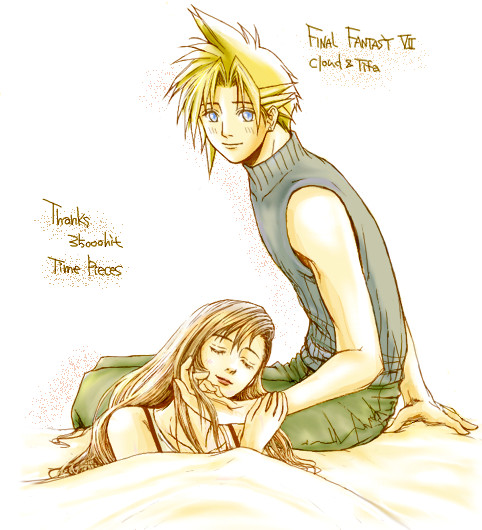 cloud strife, tifa lockhart, final fantasy, final fantasy vii, 1990s (style), alternate costume, bed, lap pillow, sleeping
