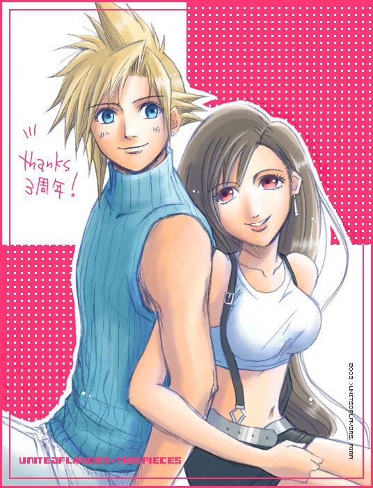 cloud strife, tifa lockhart, final fantasy, final fantasy vii, 1990s (style), arm hug, looking at viewer, smile