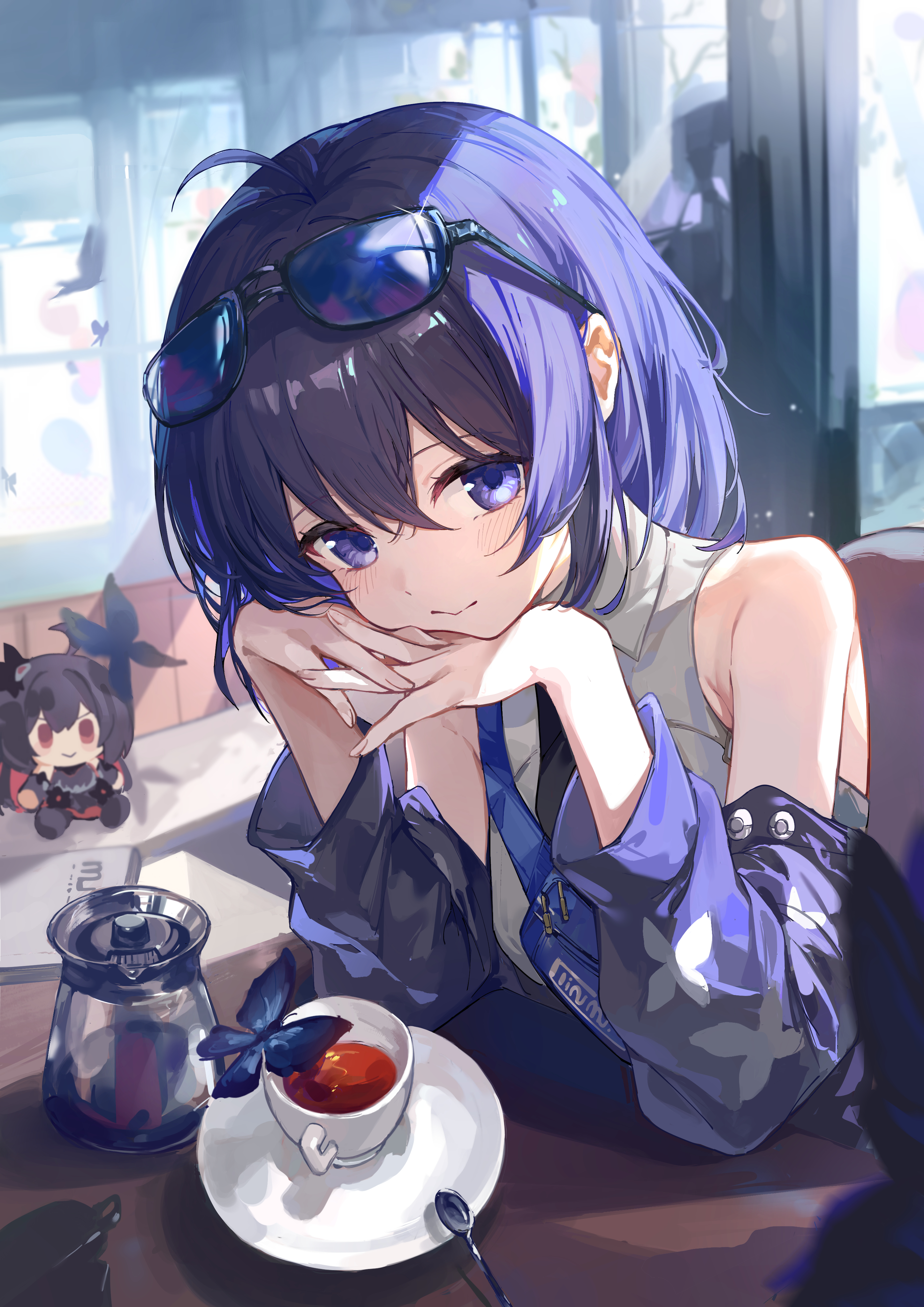 szi f, seele (alter ego), seele vollerei, honkai (series), honkai impact 3rd, absurdres, art study, highres, 1girl, ahoge, alternate costume, bare shoulders, blue butterfly, blue eyes, blue hair, blue jacket, breasts, bug, butterfly, character doll, closed mouth, collared shirt, cup, doll, eyewear on head, grey shirt, hair between eyes, indoors, insect, jacket, looking at viewer, off shoulder, purple eyes, purple jacket, restaurant, shirt, short hair, sitting, sleeveless, sleeveless shirt, small breasts, solo, sunglasses, teacup, white shirt