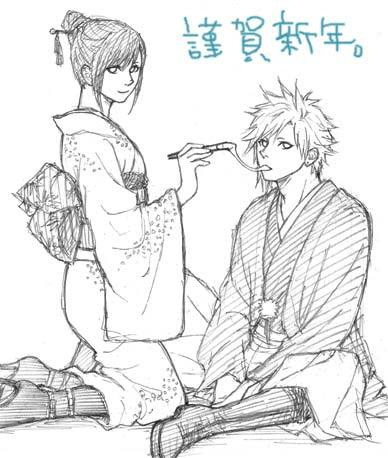 cloud strife, tifa lockhart, final fantasy, final fantasy vii, lowres, 1990s (style), alternate costume, greyscale, japanese clothes, kimono, laskull, monochrome, retro artstyle, yukata