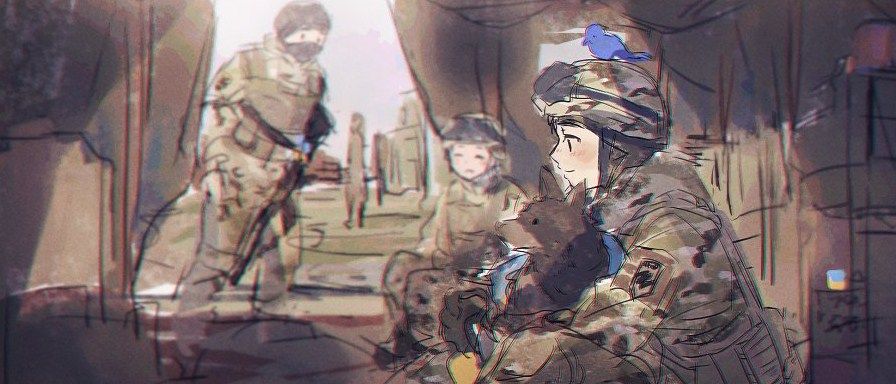 kikurina, original, second-party source, 1girl, 2boys, azov battalion, bird, bulletproof vest, combat helmet, dog, gun, helmet, holding, indoors, military combat uniform, military uniform, multiple boys, pet, rifle, russo-ukrainian war, sketch, smile, soldier, tent, ukraine, ukrainian flag, war, weapon