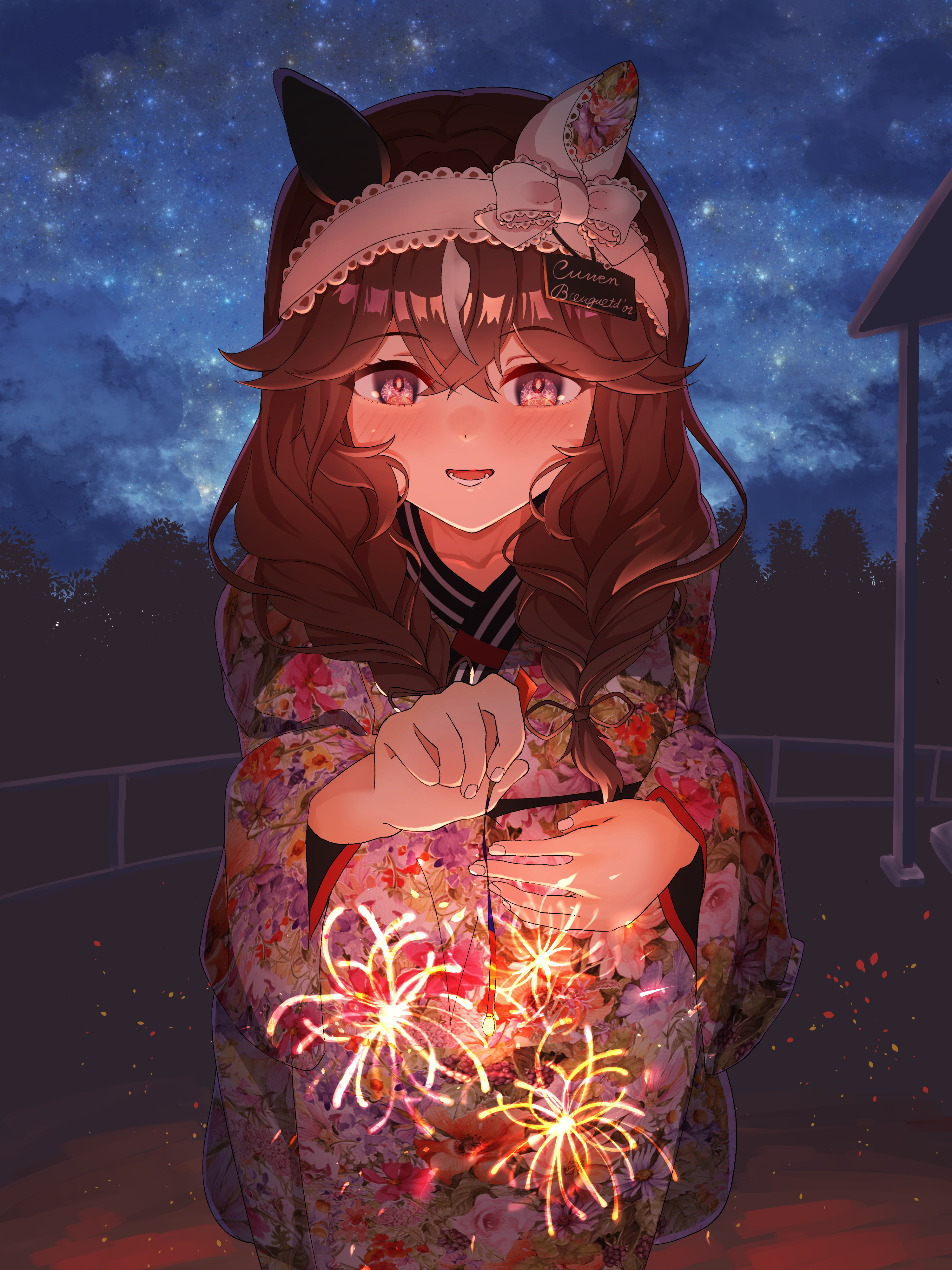 curren bouquetd'or (umamusume), umamusume, absurdres, commentary request, highres, 1girl, animal ears, blush, braid, brown hair, ear covers, floral print, floral print kimono, hair between eyes, hairband, holding, holding fireworks, horse ears, horse girl, japanese clothes, kimono, kumakuma19193, long hair, night, night sky, open mouth, print kimono, purple eyes, sky, solo, squatting, star (sky), starry sky, twin braids, white hairband, white kimono