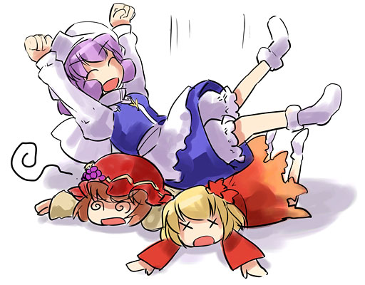 hirosato, aki minoriko, aki shizuha, letty whiterock, touhou, 3girls, @ @, arms up, female focus, hair ornament, leaf, leaf hair ornament, multiple girls, smile, x x