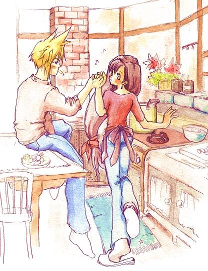 cloud strife, tifa lockhart, final fantasy, final fantasy vii, pot, 1990s (style), cooking, food, from behind, holding hands, kitchen, rug, window