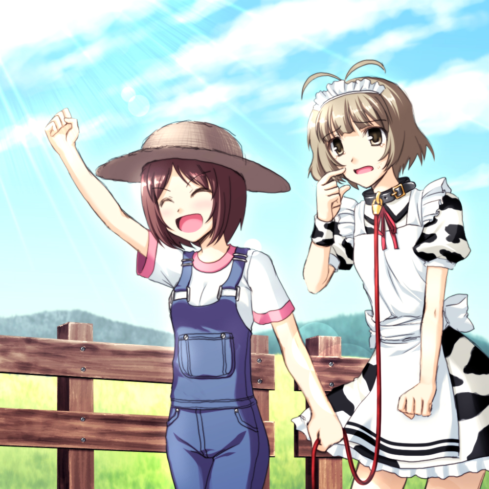 totokichi, akizuki ryo, hidaka ai, idolmaster, idolmaster dearly stars, bad id, bad pixiv id, 00s, 1boy, 1girl, animal print, antenna hair, blush, brown eyes, brown hair, closed eyes, collar, cow print, crossdressing, farm, fence, field, grass, hat, leash, maid, open mouth, overalls, short hair, smile, suspenders, sweat, tears, trap