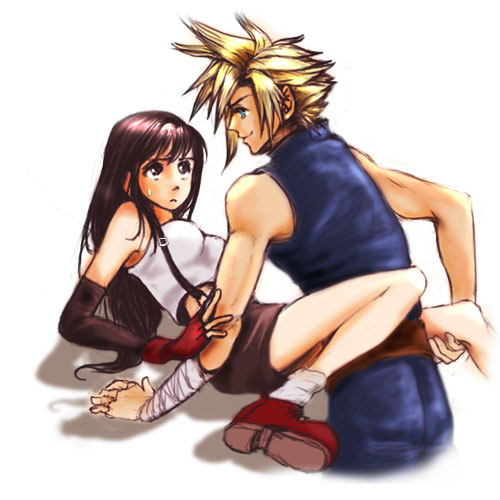 cloud strife, tifa lockhart, final fantasy, final fantasy vii, lowres, 1990s (style), breasts, ff wonder, large breasts, retro artstyle, sweatdrop