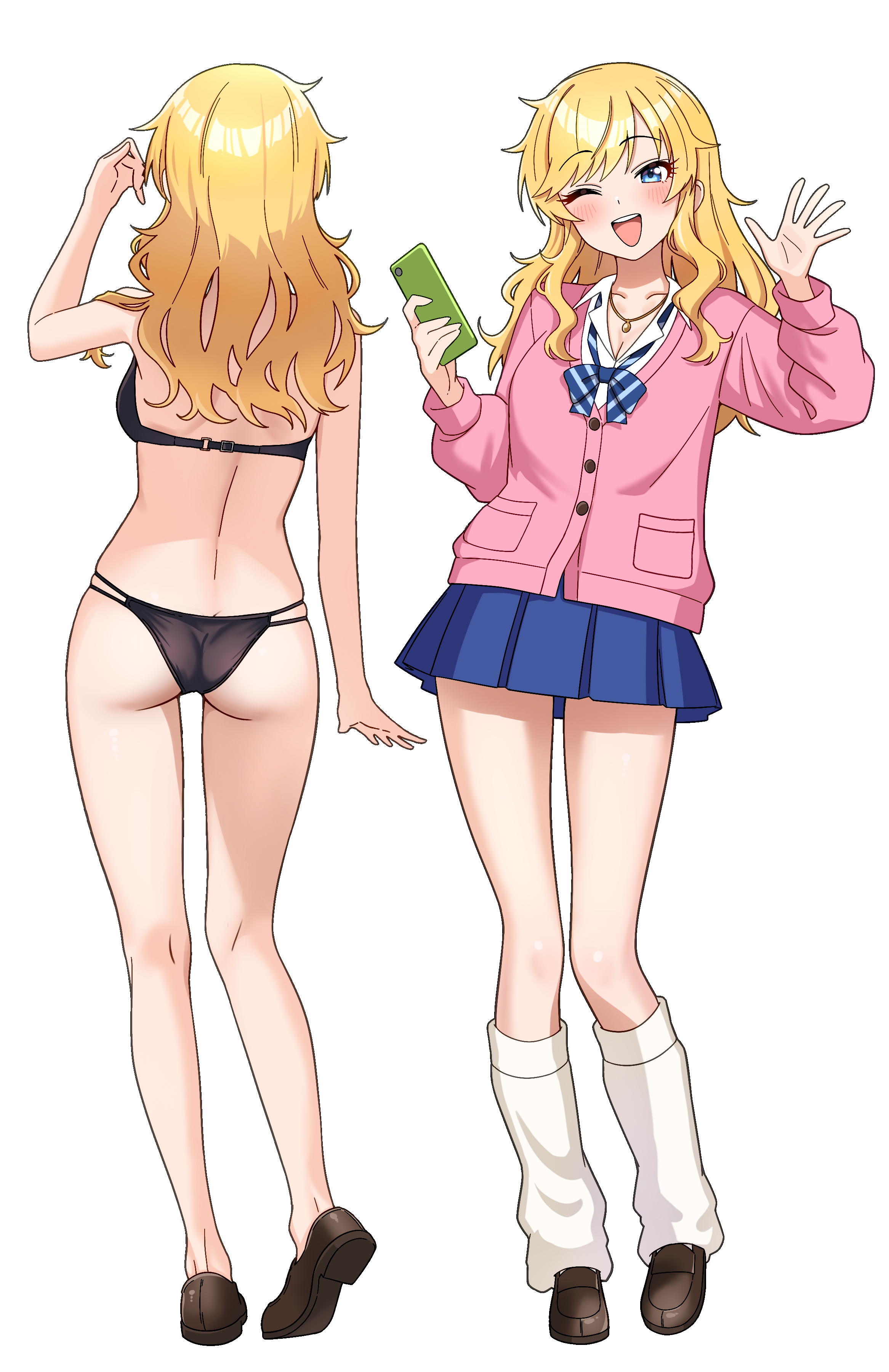 niban (puka 0507), ohtsuki yui, idolmaster, idolmaster cinderella girls, absurdres, commentary request, highres, 1girl, ass, bikini, black bikini, blonde hair, blue bow, blue bowtie, blue eyes, blue skirt, blush, bow, bowtie, breasts, brown shoes, cardigan, cellphone, cleavage, holding, holding phone, jewelry, long hair, looking at viewer, loose socks, medium breasts, necklace, one eye closed, open mouth, phone, pink cardigan, pleated skirt, shirt, shoes, skirt, smartphone, smile, socks, swimsuit, thighs, waving, wavy hair, wavy sidelocks, white background, white shirt, white socks