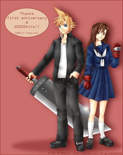 cloud strife, tifa lockhart, final fantasy, final fantasy vii, square enix, 1990s (style), 1st product, alternate costume, couple, gloves, retro artstyle, school uniform, serafuku, sword, weapon