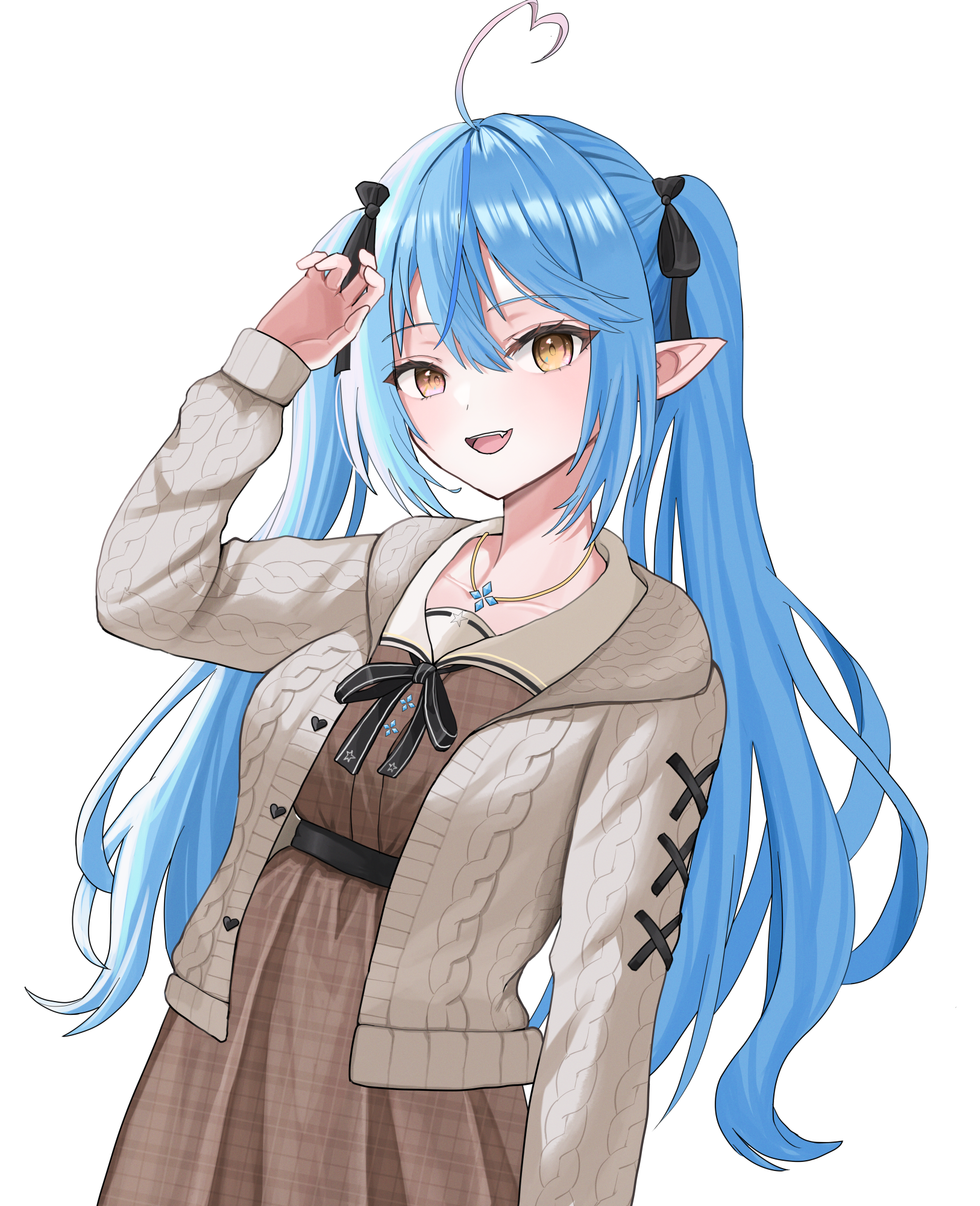 dinotodon, yukihana lamy, yukihana lamy (casual), yukimin (yukihana lamy), hololive, commentary request, commission, highres, pixiv commission, 1girl, ahoge, arm up, black bow, blue hair, blush, bow, braid, brown skirt, cardigan, colored tips, grey cardigan, hair between eyes, hair bow, heart, heart ahoge, long hair, long sleeves, looking at viewer, multicolored hair, official alternate costume, open cardigan, open clothes, open mouth, plaid clothes, plaid skirt, pointy ears, shoes, sidelocks, simple background, skirt, sleeves past wrists, solo, two side up, upper body, very long hair, virtual youtuber, white background, white shoes, yellow eyes