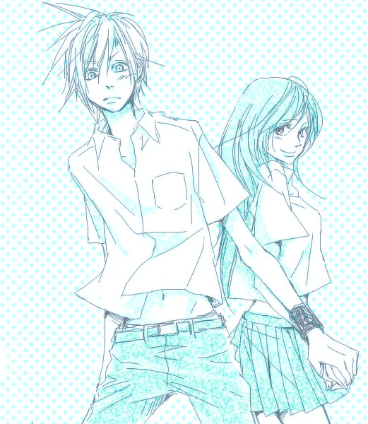 cloud strife, tifa lockhart, final fantasy, final fantasy vii, 1990s (style), alternate costume, belt, blue theme, denim, jeans, monochrome, pants, shirt, skirt, t-shirt