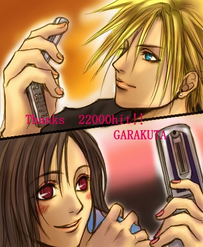 garakuta (chika), cloud strife, tifa lockhart, final fantasy, final fantasy vii, lowres, 1990s (style), blush, cellphone, phone, retro artstyle