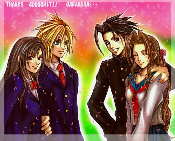 garakuta (chika), aerith gainsborough, cloud strife, tifa lockhart, zack fair, final fantasy, final fantasy vii, 1990s (style), 2boys, 2girls, couple, multiple boys, multiple girls, retro artstyle