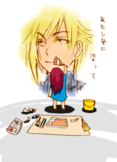 cloud strife, tifa lockhart, final fantasy, final fantasy vii, 1990s (style), aged down, alternate hair color, bucket, paint, paintbrush, painting (action), red hair