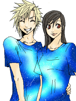 cloud strife, tifa lockhart, final fantasy, final fantasy vii, lowres, 1990s (style), alternate costume, hug, matching outfits, star (symbol)