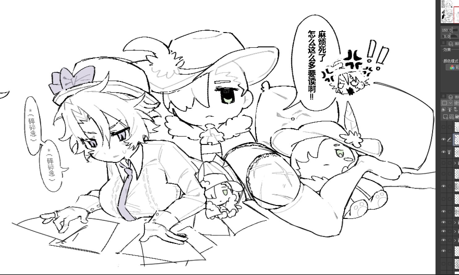 heathcliff (project moon), meursault (project moon), limbus company, project moon, translation request, 1girl, art program in frame, ascot, candied275, cape, character doll, chinese text, cinq association west uniform, closed mouth, doll, genderswap, genderswap (mtf), greyscale, hair intakes, hair over one eye, hat, hat feather, looking down, monochrome, oufi association south uniform, panties, paperwork, scar on thighs, thighhighs, underwear