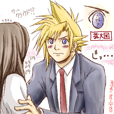 cloud strife, tifa lockhart, final fantasy, final fantasy vii, lowres, 1990s (style), alternate costume, alternate hair color, brown hair, formal clothes, suit