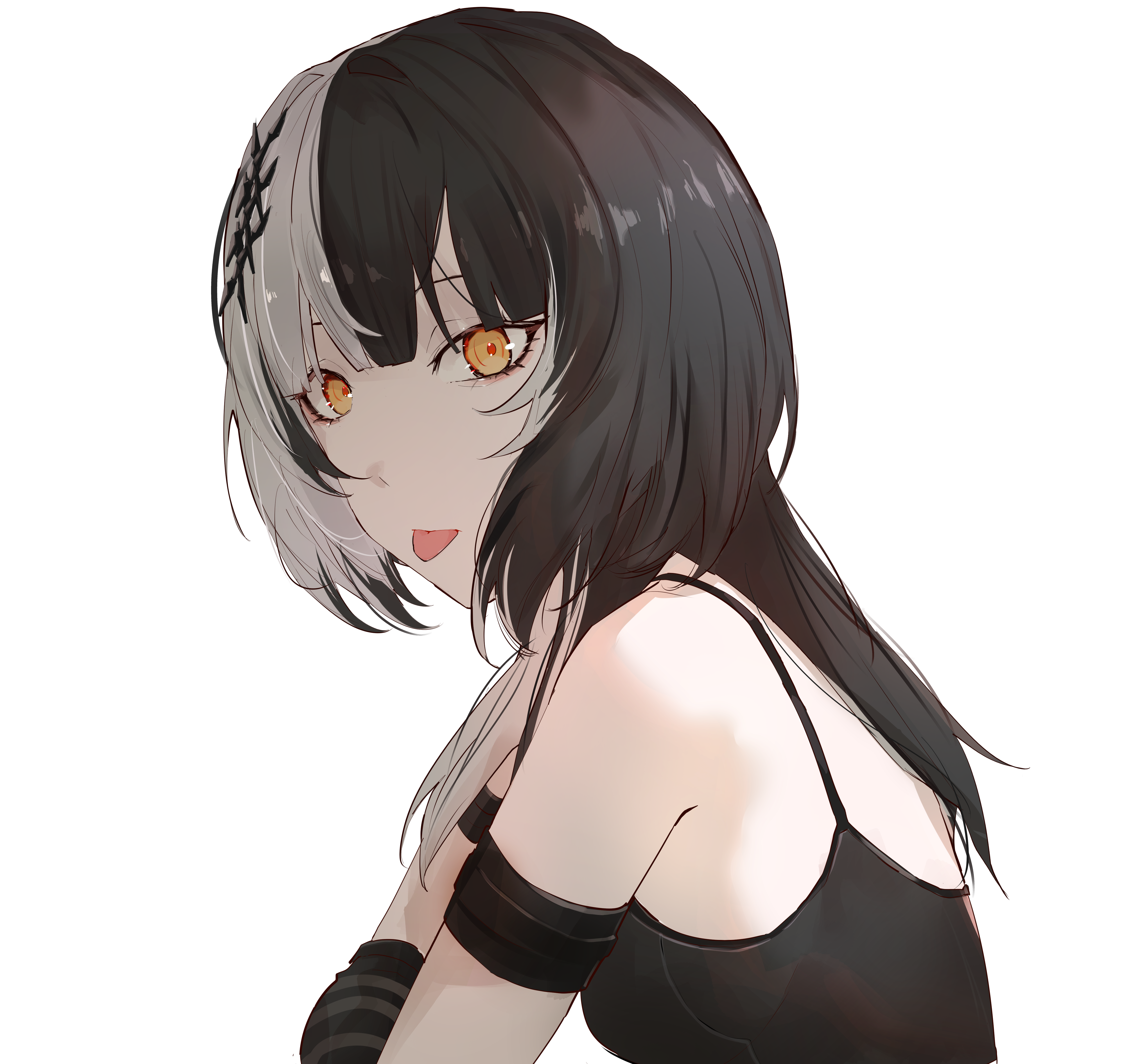 kurochanai, shiori novella, hololive, hololive english, absurdres, commentary, english commentary, highres, 1girl, :p, alternate costume, bare shoulders, black hair, from side, hair ornament, hand warmer, long hair, looking at viewer, multicolored hair, simple background, sitting, tongue, tongue out, turning head, two-tone hair, virtual youtuber, white background, white hair, yellow eyes