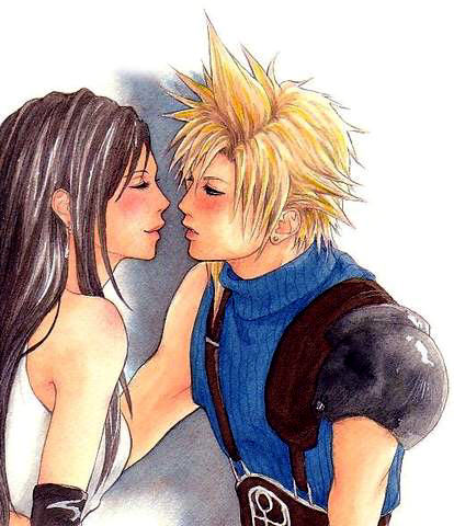 cloud strife, tifa lockhart, final fantasy, final fantasy vii, lowres, 1990s (style), closed eyes, imminent kiss, retro artstyle, shadow, simple background