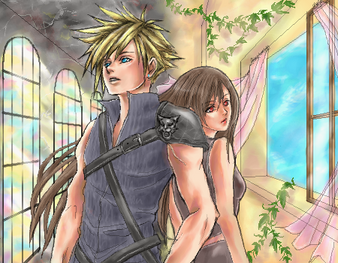 cloud strife, tifa lockhart, final fantasy, final fantasy vii, lowres, 1990s (style), back-to-back, stained glass, window