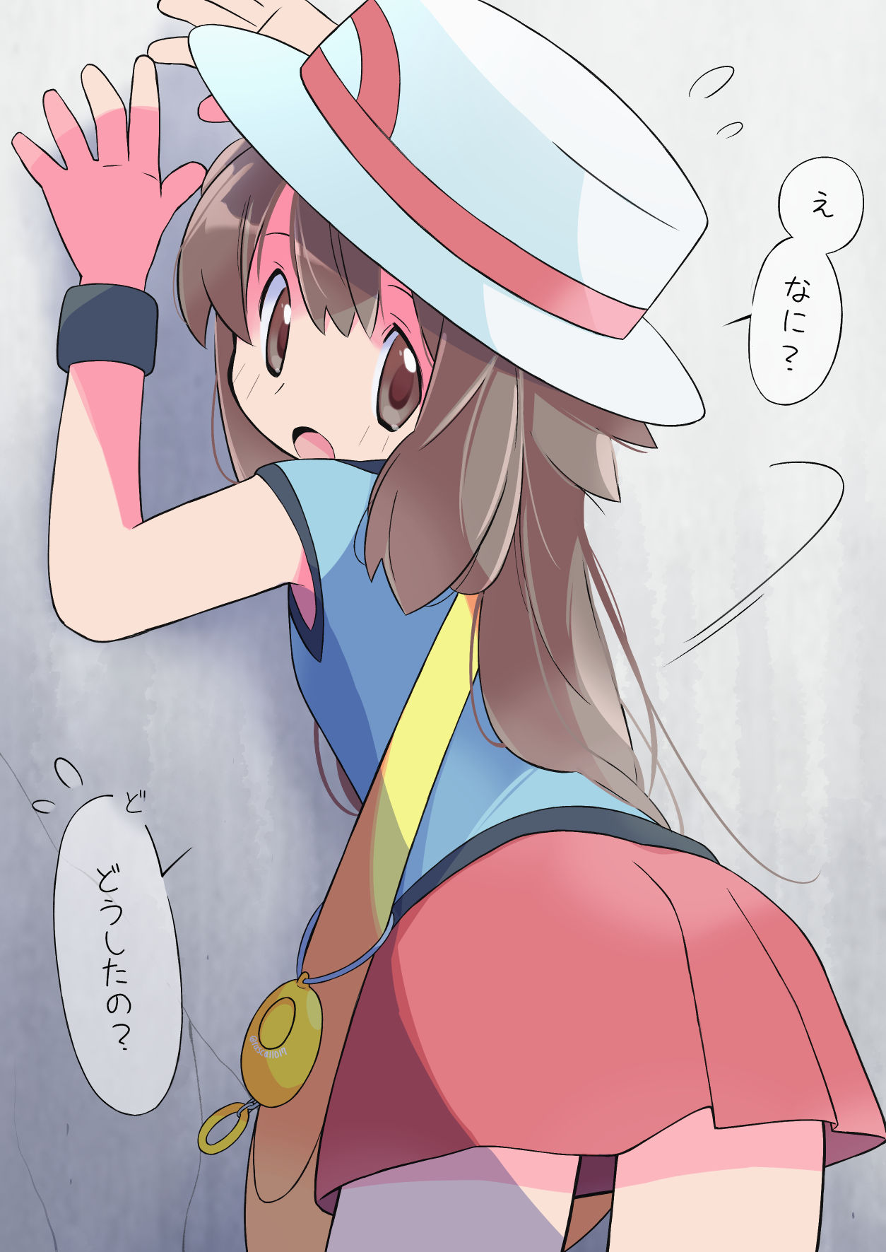 rascal (feuille), leaf (pokemon), nintendo, pokemon, pokemon frlg, commentary request, highres, 1girl, bag, blue shirt, breasts, brown eyes, brown hair, cowboy shot, flying sweatdrops, from behind, hair between eyes, hand on wall, hat, long hair, looking at viewer, looking back, miniskirt, motion lines, open mouth, pleated skirt, red skirt, shirt, shoulder bag, skirt, sleeveless, sleeveless shirt, small breasts, speech bubble, standing, white hat, wristband, yellow bag