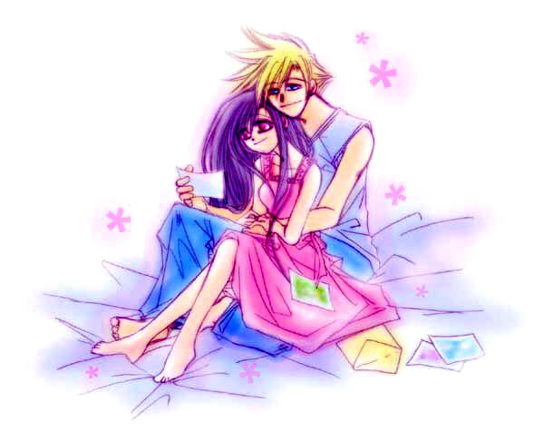 cloud strife, tifa lockhart, final fantasy, final fantasy vii, 1990s (style), alternate costume, alternate hair color, classica, dress, hug, hug from behind, photo (object), purple hair, retro artstyle, smile, sundress