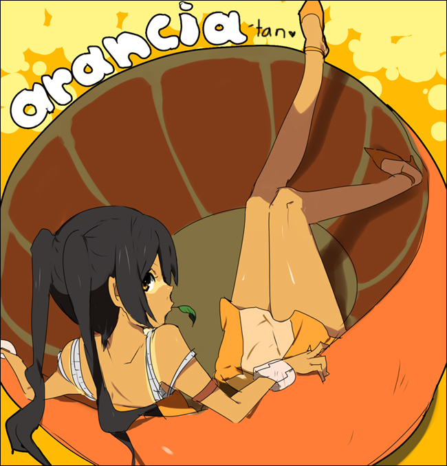 kl (dgzonbi), arancia, original, 1girl, accessory tan, bikini tan, black hair, bracelet, female focus, high heels, jewelry, knees together feet apart, leaf, legs, long hair, looking back, mouth hold, profile, solo, tan, tanline, tanlines, twintails