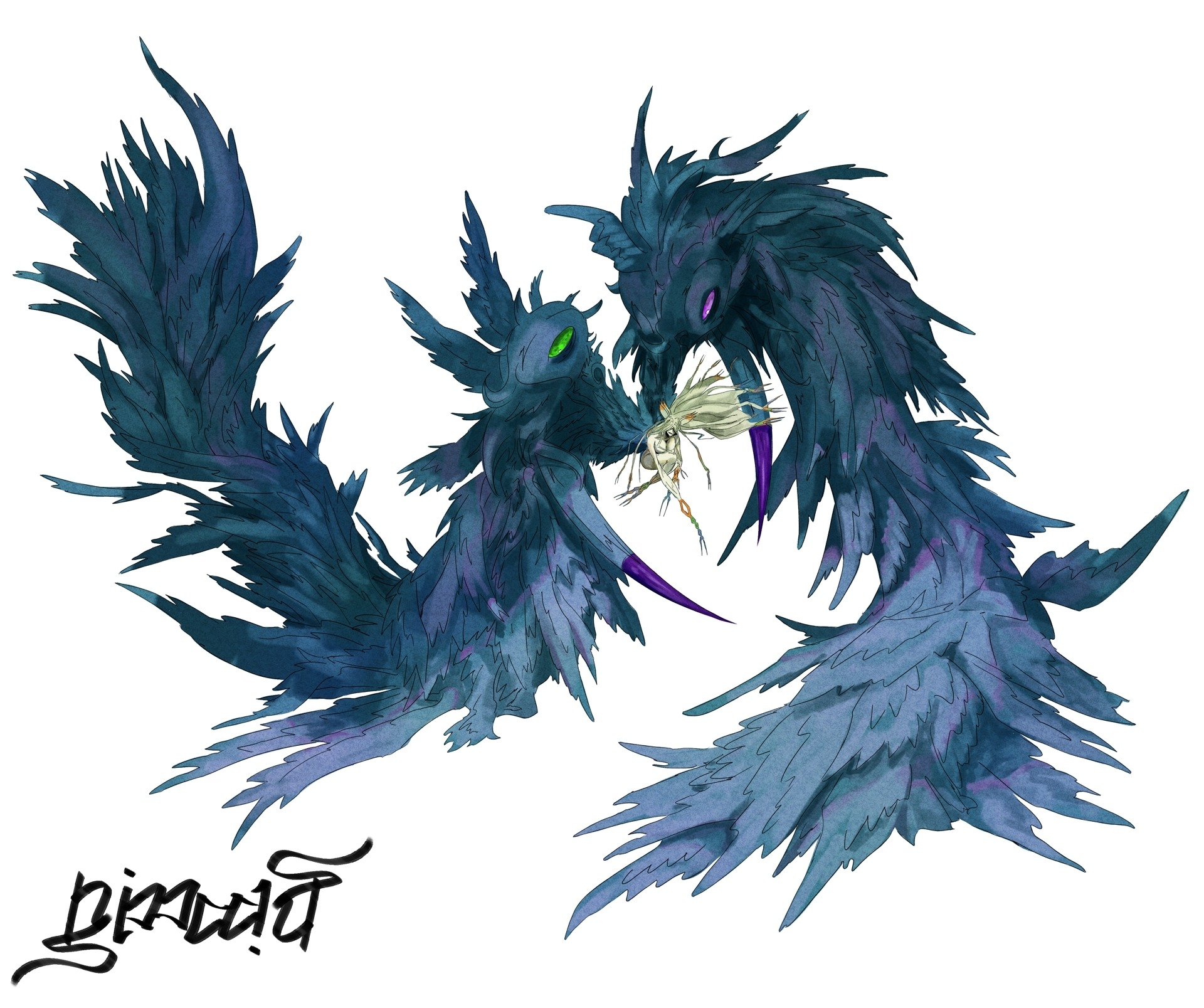 nimadj, ordinemon, digimon, 1girl, digimon (creature), feathered wings, monster girl, nude, white background, wings