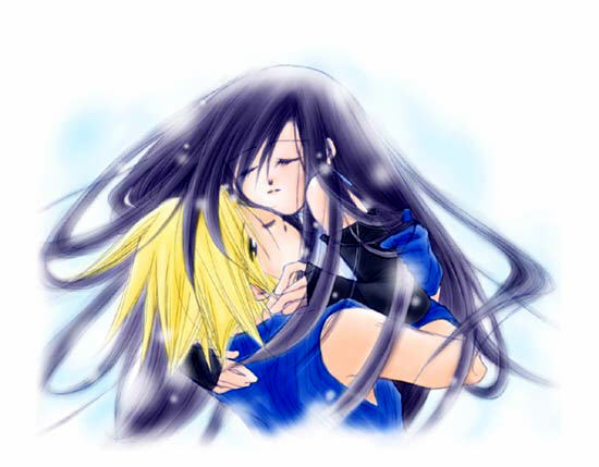 cloud strife, tifa lockhart, final fantasy, final fantasy vii, 1990s (style), classica, closed eyes, hug, retro artstyle