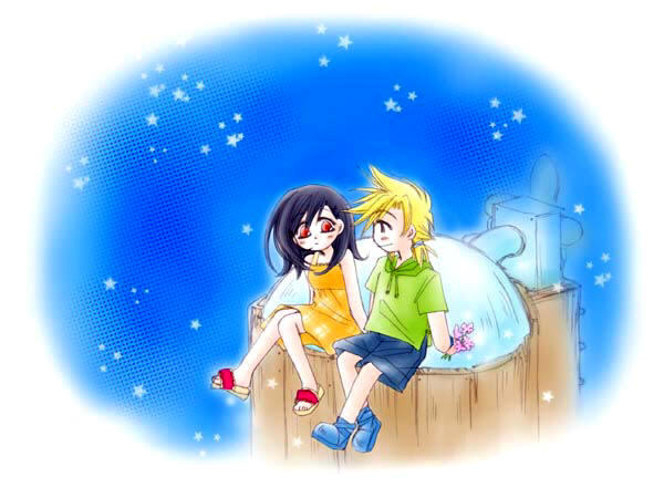 cloud strife, tifa lockhart, final fantasy, final fantasy vii, 1990s (style), aged down, alternate costume, child, classica, dress, flower, retro artstyle