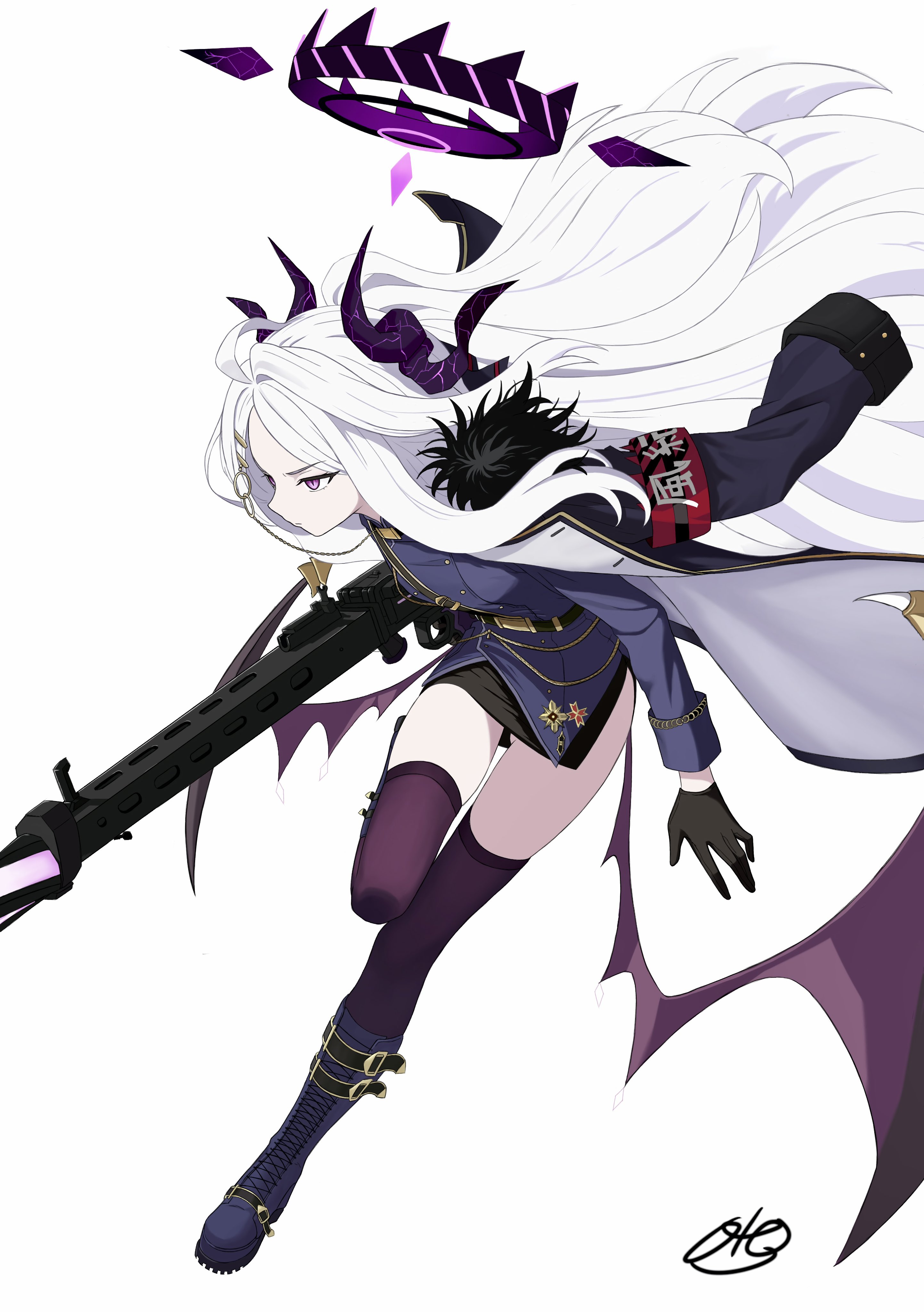 oto jampan, hina (blue archive), blue archive, absurdres, commentary request, highres, 1girl, ahoge, armband, black coat, black gloves, black skirt, black thighhighs, breasts, coat, coat on shoulders, demon girl, demon horns, demon wings, gloves, gun, holding, holding gun, holding weapon, horns, long hair, low wings, machine gun, mg42, purple eyes, red armband, simple background, skirt, small breasts, solo, standing, thighhighs, thighs, very long hair, weapon, white background, white hair, wings