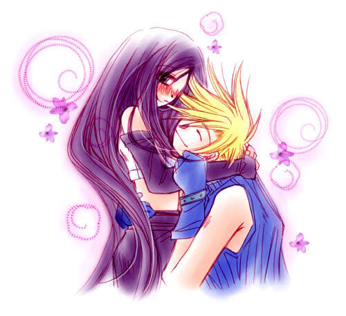 cloud strife, tifa lockhart, final fantasy, final fantasy vii, lowres, 1990s (style), blush, classica, hug, retro artstyle, smile